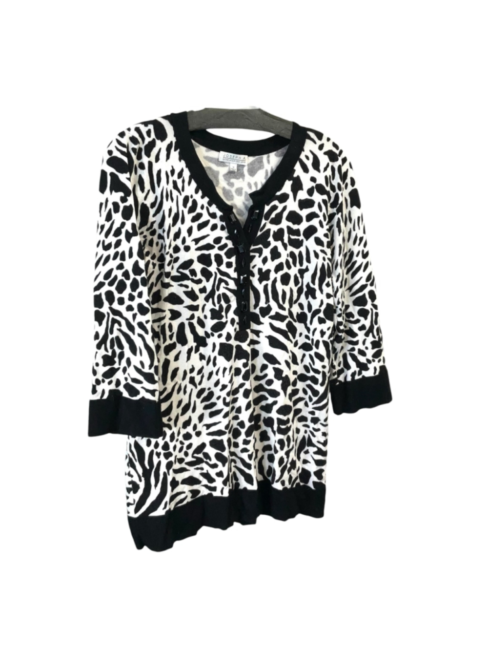 Vintage Joseph A. Animal Print Tunic Sweater Black White w Rhinestones Women M